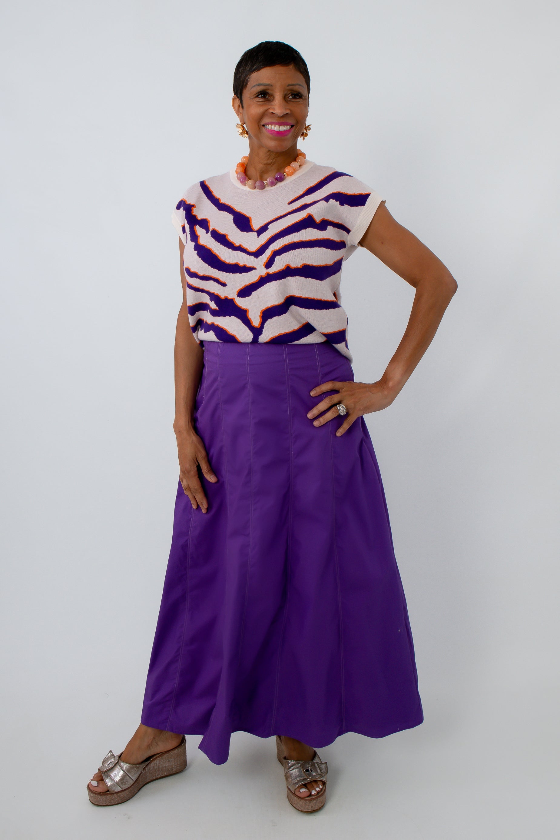 Purple Maxi Skirt paired with purple tiger stripe sweater for LSU game day outfit, Clemson game day outfit, tiger game day outfit