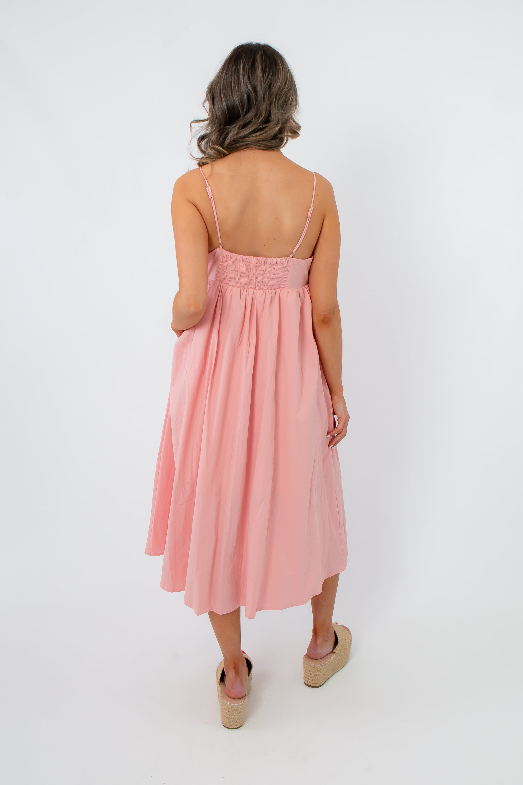 Blush embroidered midi dress back view