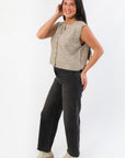 LeAnn Button Down Leopard Sleeveless Cardigan – Stylish Layering cardigan with side view showing relaxed fit and sleeveless design.