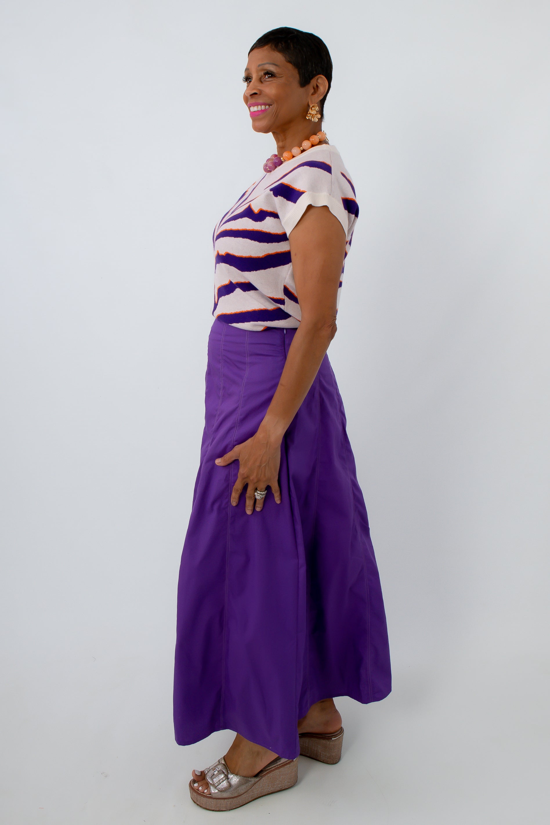Tiger stripe sweater with purple maxi skirt  for the perfect Clemson game day look