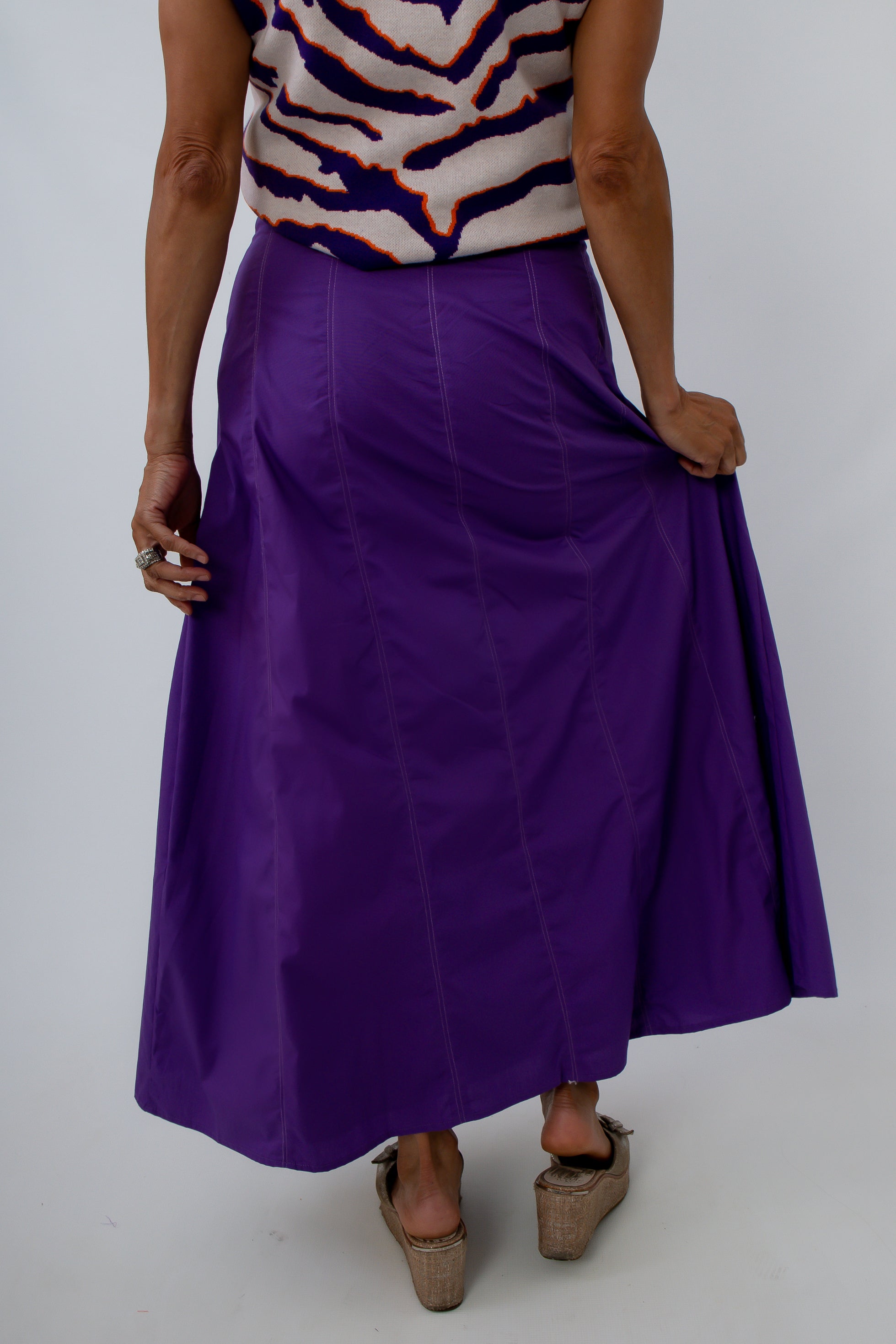 Paneled purple maxi skirt with 100% cotton lining for TCU game day outfit, Clemson game day outfit, LSU game day outfit