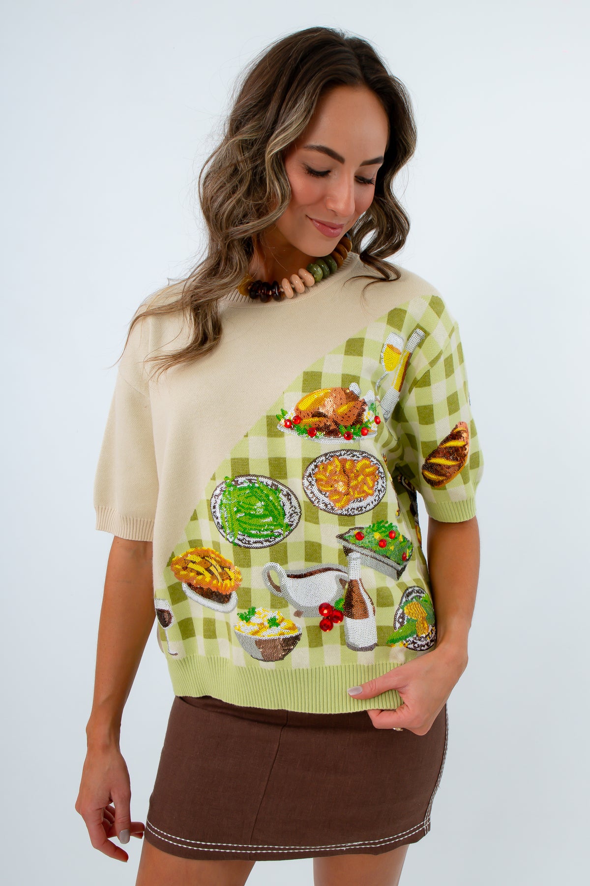 Queen of Sparkles Green Check Thanksgiving Dinner Knit Top