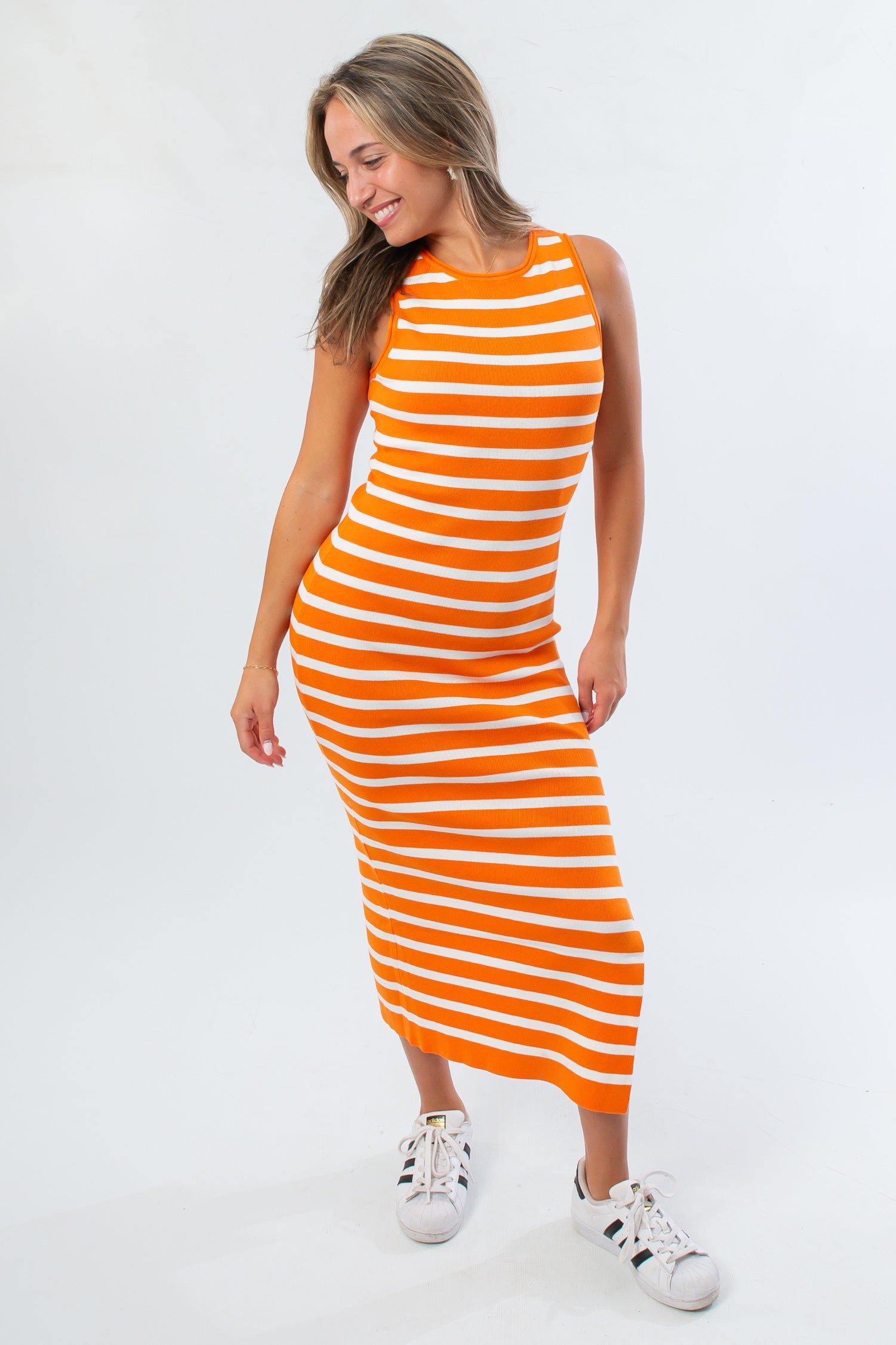 Clemson gameday-ready Yard Lines Orange & White Stripe Midi Dress featuring bold horizontal stripes and a flattering knit fit.