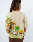 Sophisticated colorblock thanksgiving sweater for everyday wear, knit top with sequin thanksgiving meal on it, thanksgiving outfit, thanksgiving sweater