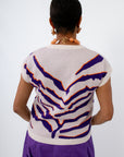 Clemson vs LSU game day outfit, purple tiger stripe sweater, sleeveless sweater, white and purple top
