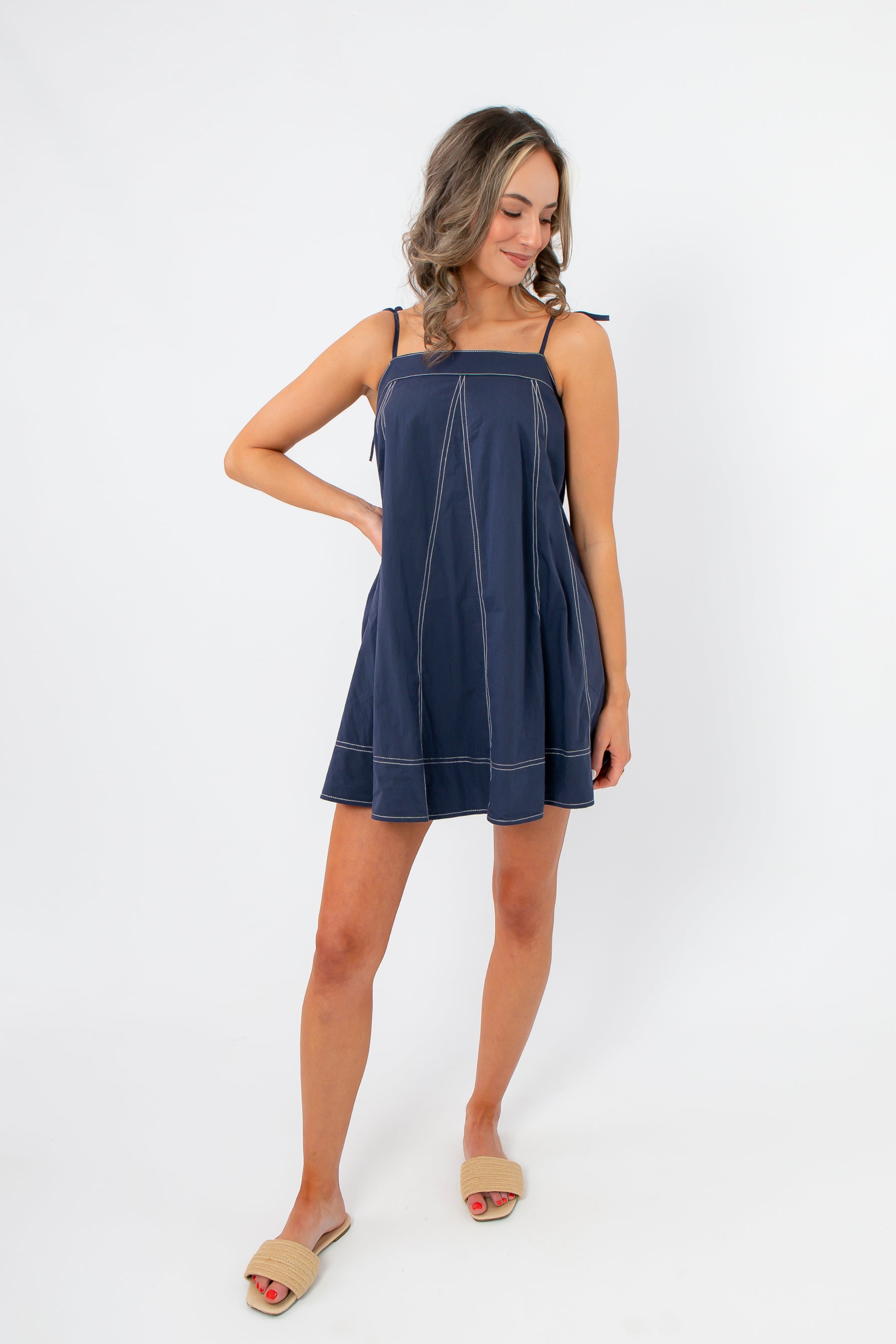 Lightweight navy mini dress featuring contrast stitching