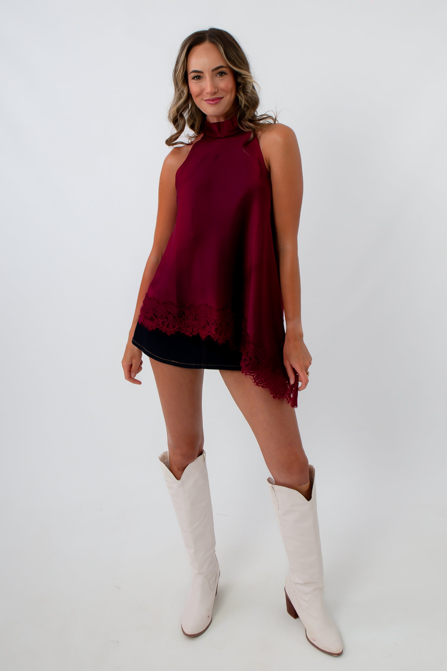 Sandstorm Garnet Lace Halter Asymmetrical Top
