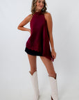 Burgundy lace top paired with black denim skirt for Alabama game day