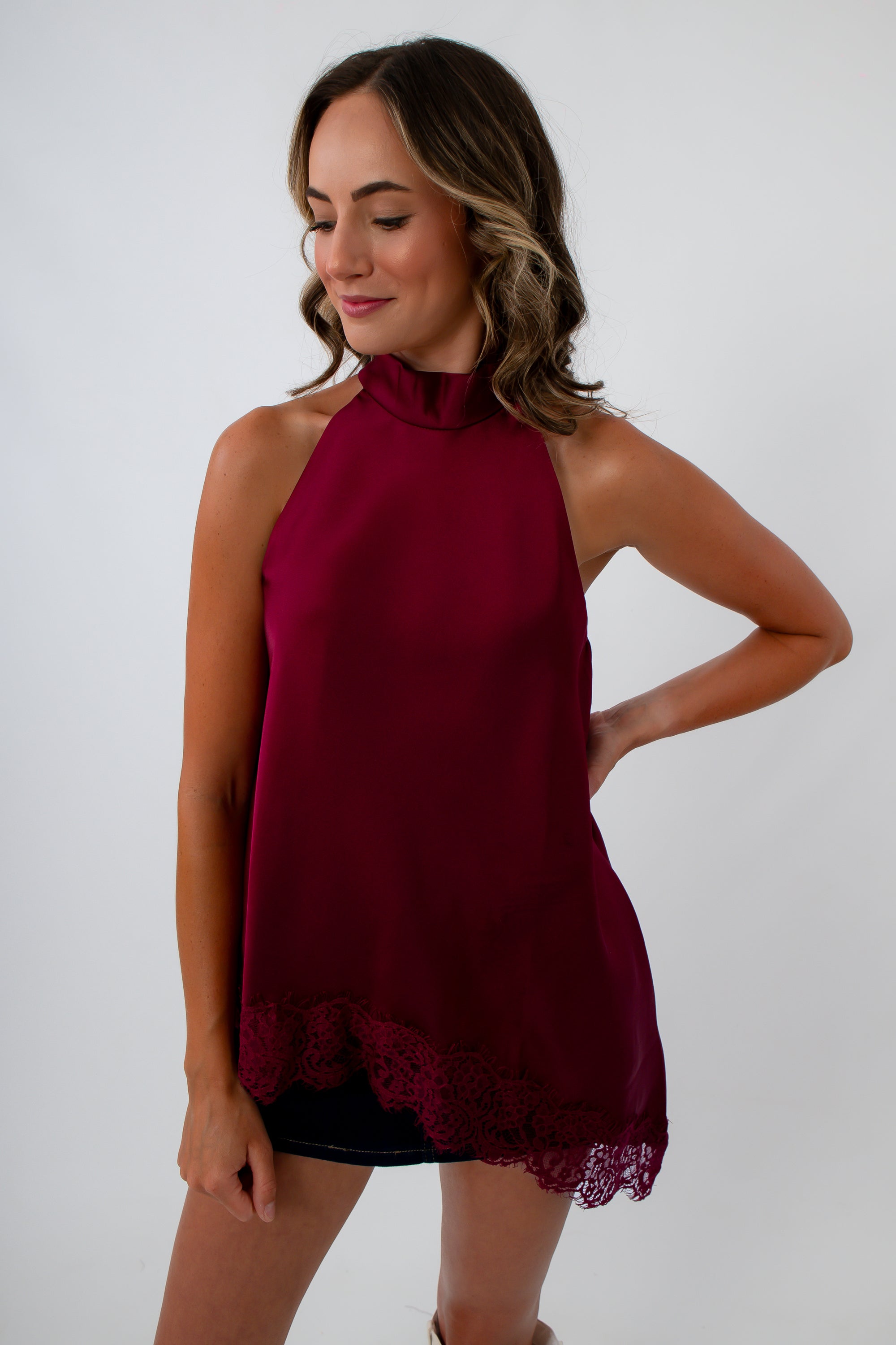 Garnet lace halter for dinner out, fall going out top, fall tops, satin top