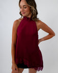 Garnet lace halter for dinner out, fall going out top, fall tops, satin top
