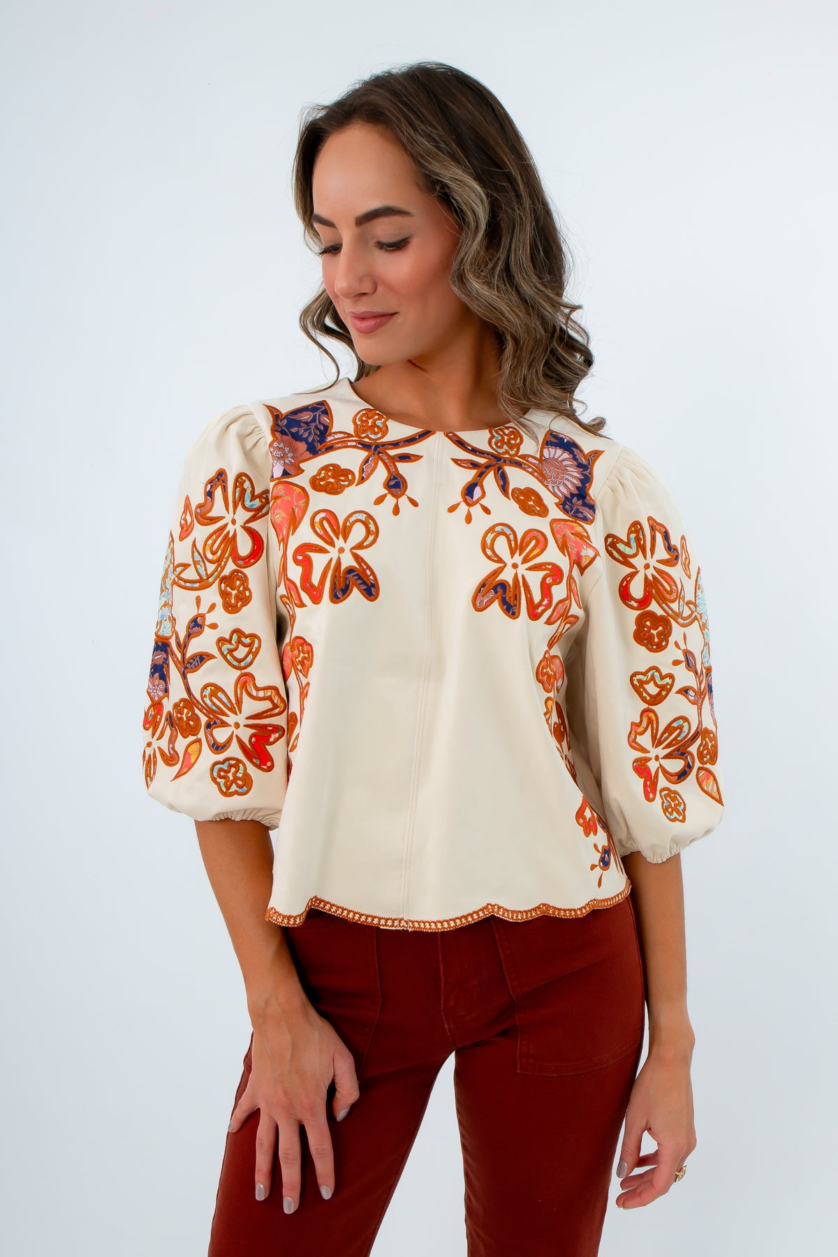 THML Cream Suede Floral Embroidered Puff Sleeve Top