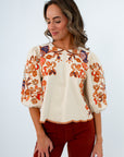 THML Cream Suede Floral Embroidered Puff Sleeve Top