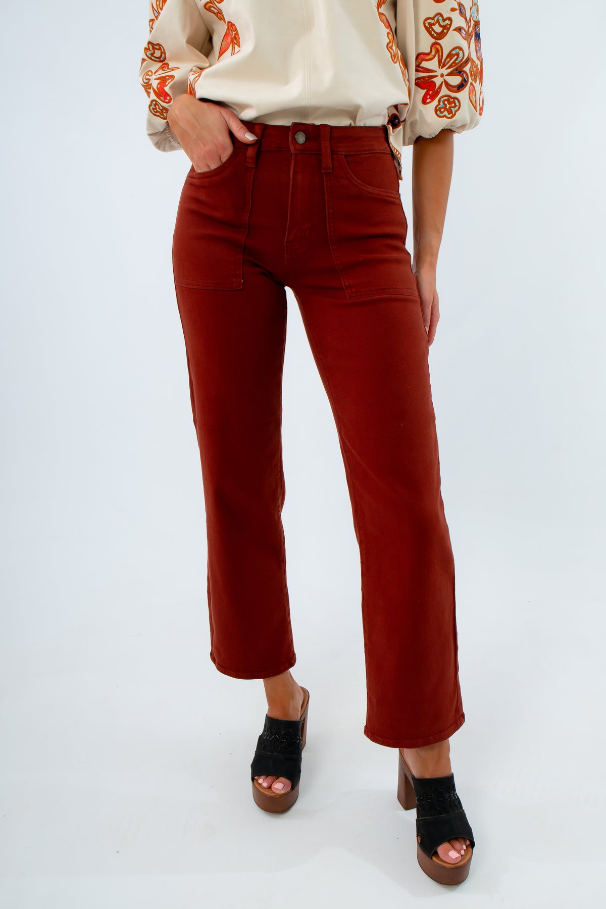High rise stretchy rust colored jeans for fall, fall pants, rust jeans, rust colored pants for fall