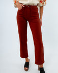 High rise stretchy rust colored jeans for fall, fall pants, rust jeans, rust colored pants for fall