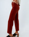 Thanksgiving outfit inspo with fall pants, rust colored pants, high-rise jeans in rust color for fall