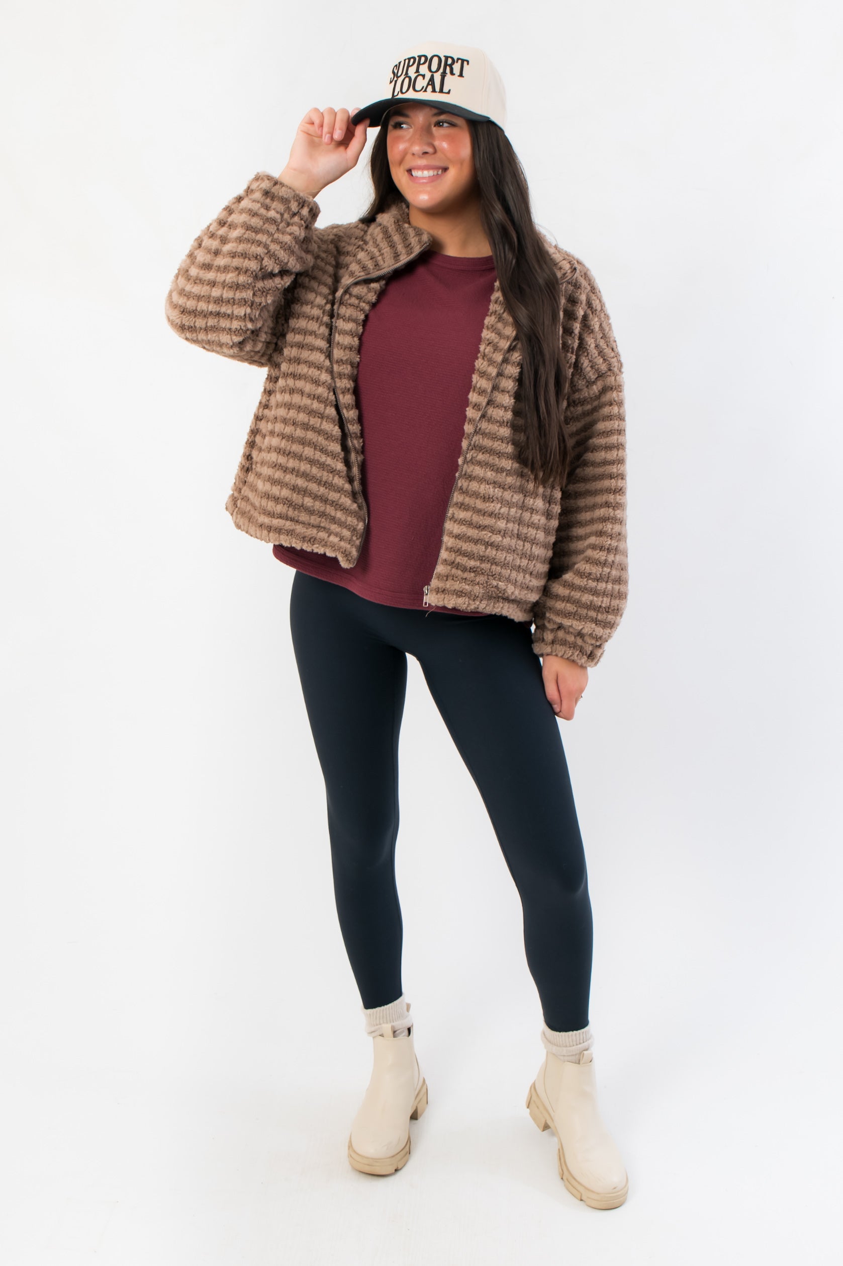 Cozy Mocha Stripe Front Zip Jacket for fall and winter layering, featuring soft texture, front zip, and relaxed fit in a neutral brown tone.