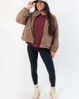 Cozy Mocha Stripe Front Zip Jacket for fall and winter layering, featuring soft texture, front zip, and relaxed fit in a neutral brown tone.
