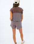 Brown striped matching set, brown striped shorts with adjustable drawstring