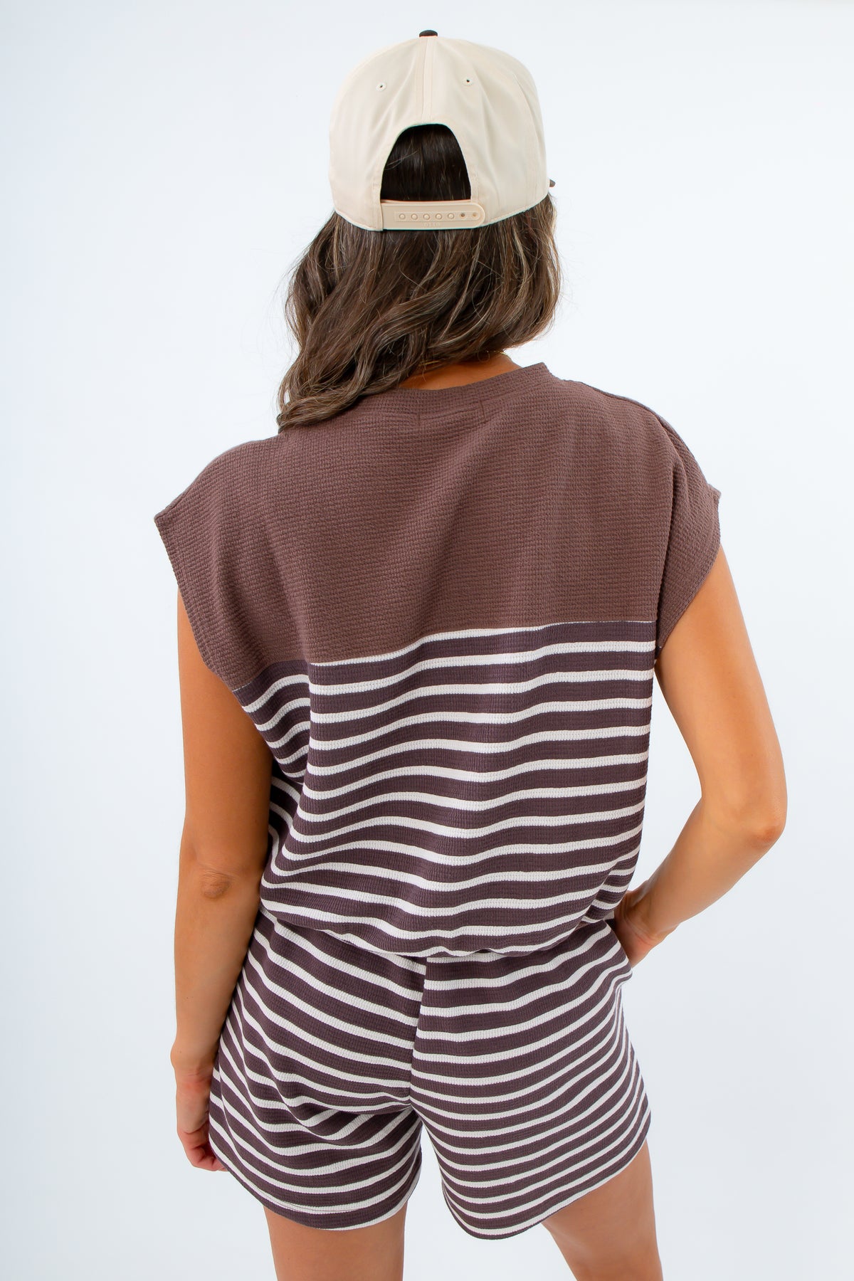 Fall casual and cute brown striped matching set, Brown striped matching set, Elevated basic tops for fall