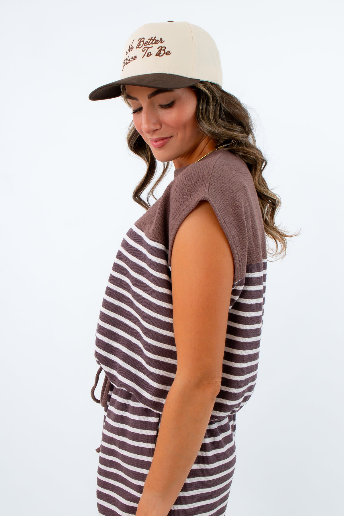 Soft brown and white striped short sleeve top, Short sleeve knit top, Brown striped knit top