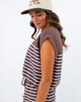 Soft brown and white striped short sleeve top, Short sleeve knit top, Brown striped knit top
