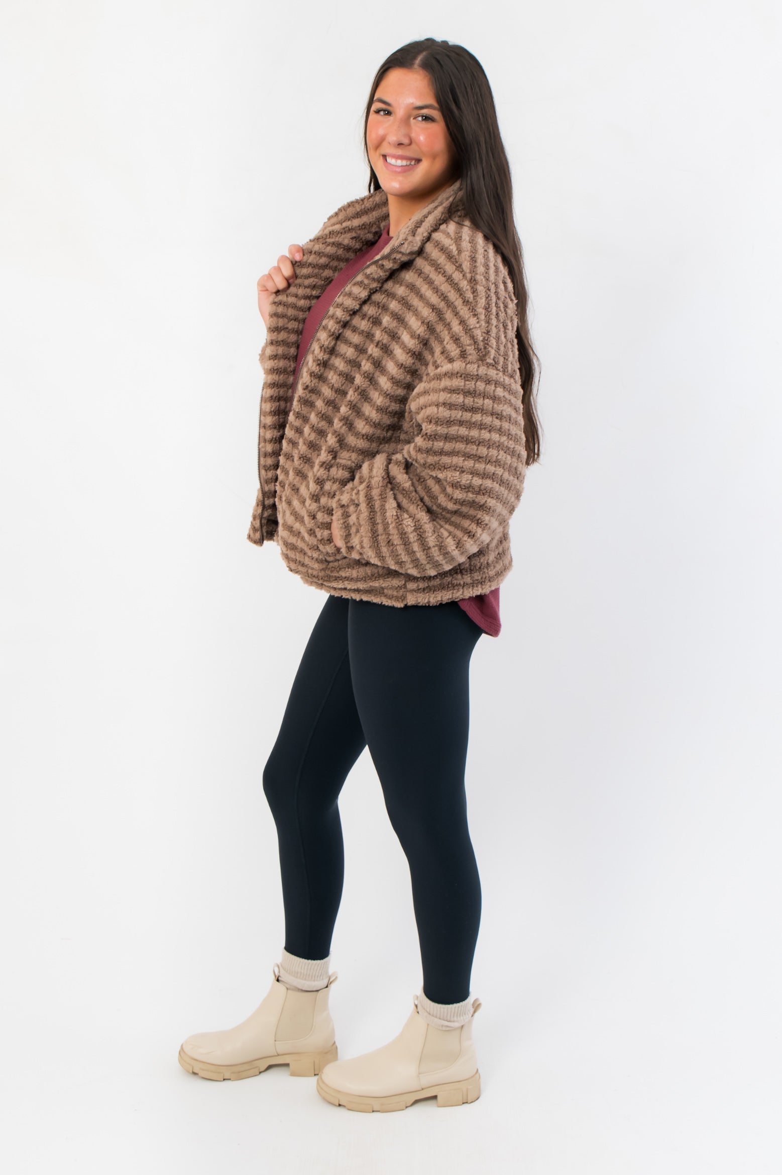 Side view of Mocha Stripe Front Zip Jacket showing plush striped texture and casual fit, ideal for cold weather outerwear styling.