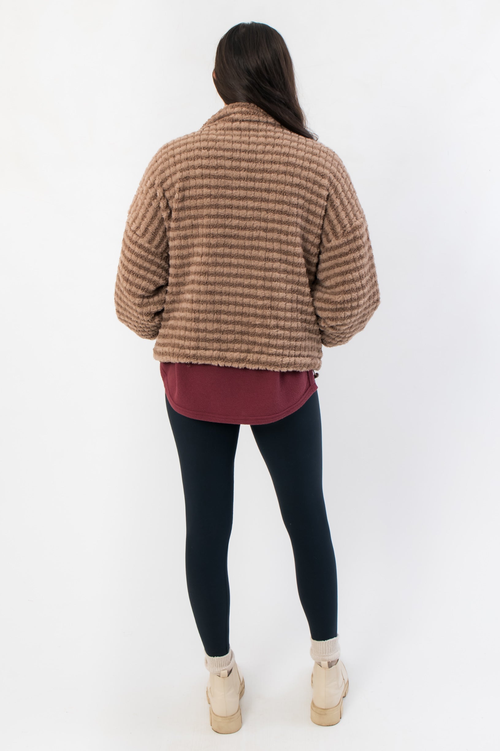 Back view of Mocha Stripe Front Zip Jacket highlighting horizontal fuzzy stripes and relaxed silhouette for cozy seasonal layering.