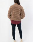 Back view of Mocha Stripe Front Zip Jacket highlighting horizontal fuzzy stripes and relaxed silhouette for cozy seasonal layering.