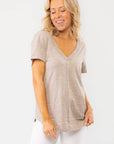 Casual and chic, the Z Supply Heather Taupe Asher V-Neck Tee features a soft cotton slub fabric and a relaxed fit, perfect for everyday wear.