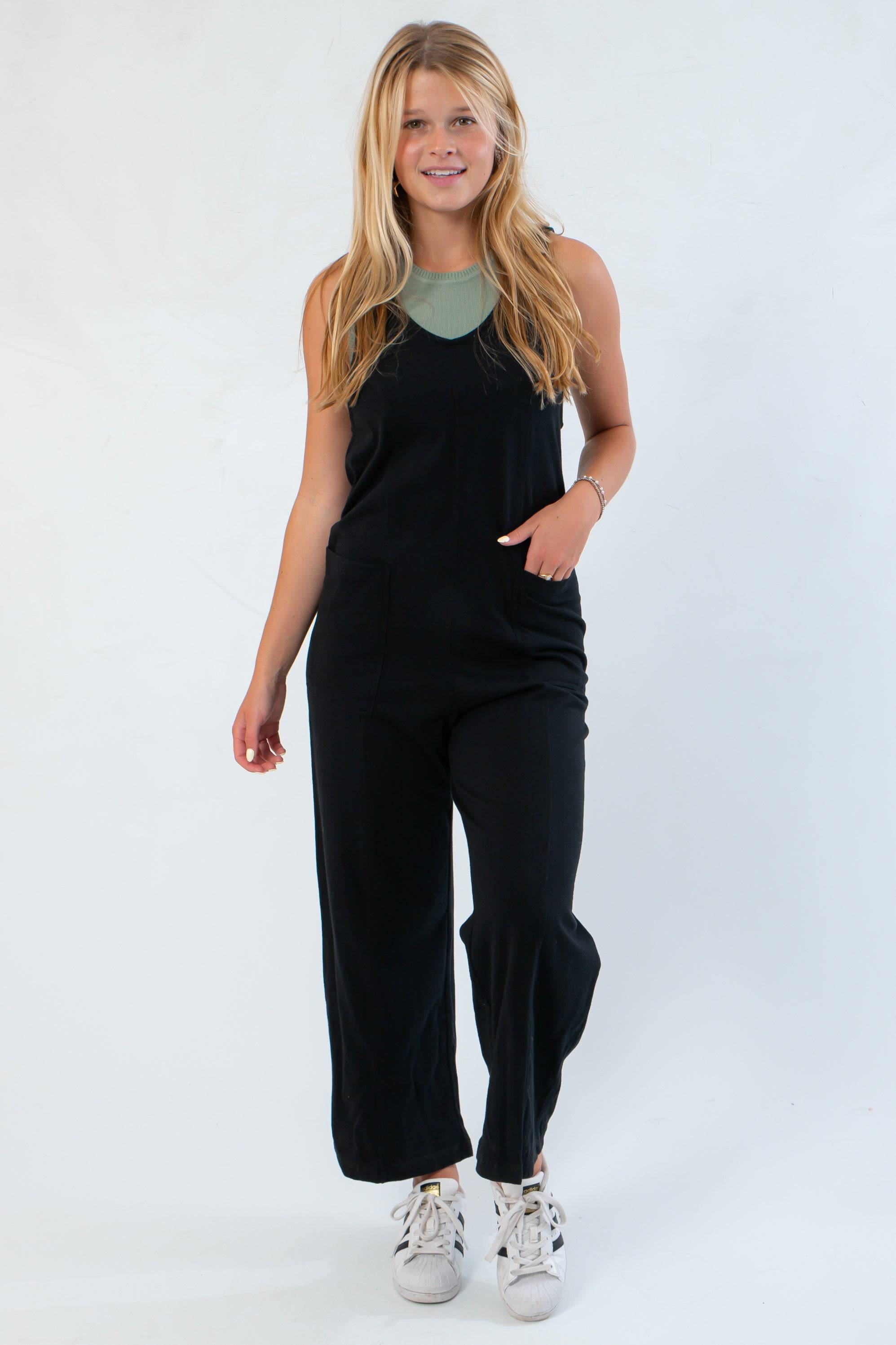 Comfortable & stylish Z Supply True Black Everyday Jersey Jumpsuit featuring patch pockets and wide-leg design, ideal for everyday wear.