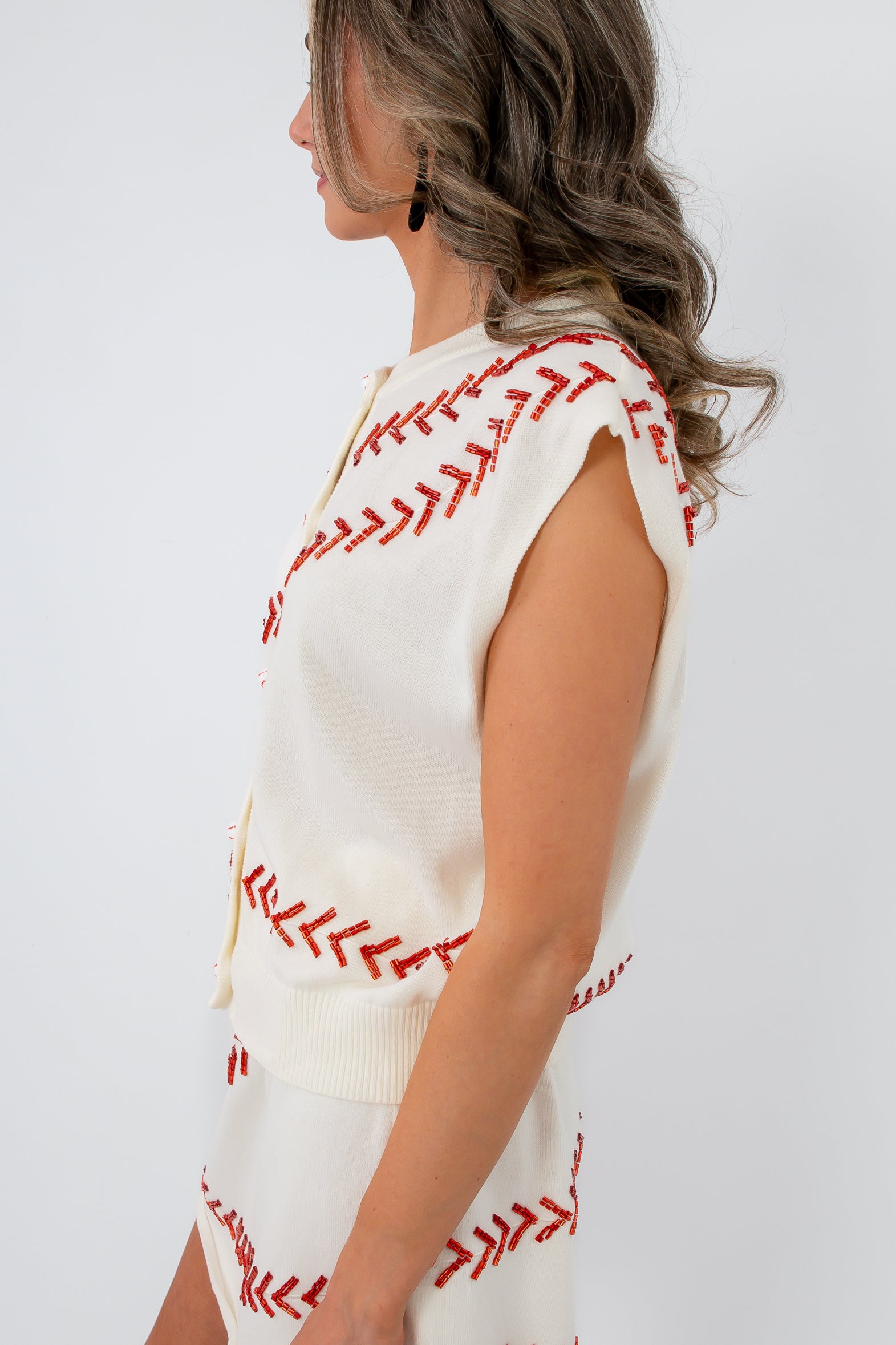 Queen of Sparkles Baseball Sequin Stitch Top side view the ultimate spring sporting season fit