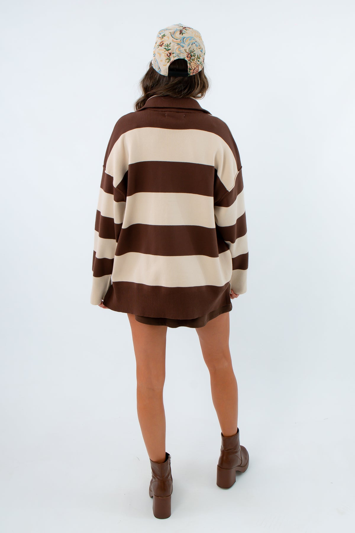 Brown and cream striped quarterzip, fall rugby quarterzip, brown striped half zip, brown striped long sleeve