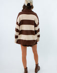 Brown and cream striped quarterzip, fall rugby quarterzip, brown striped half zip, brown striped long sleeve
