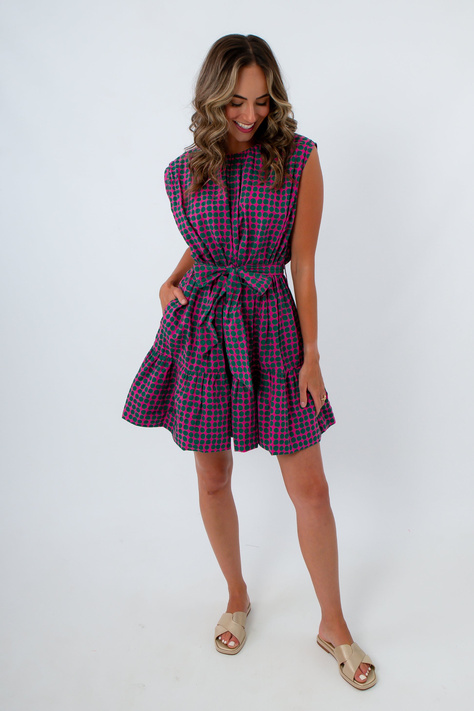 Office Hours Magenta &amp; Green Polka Dot Mini Dress