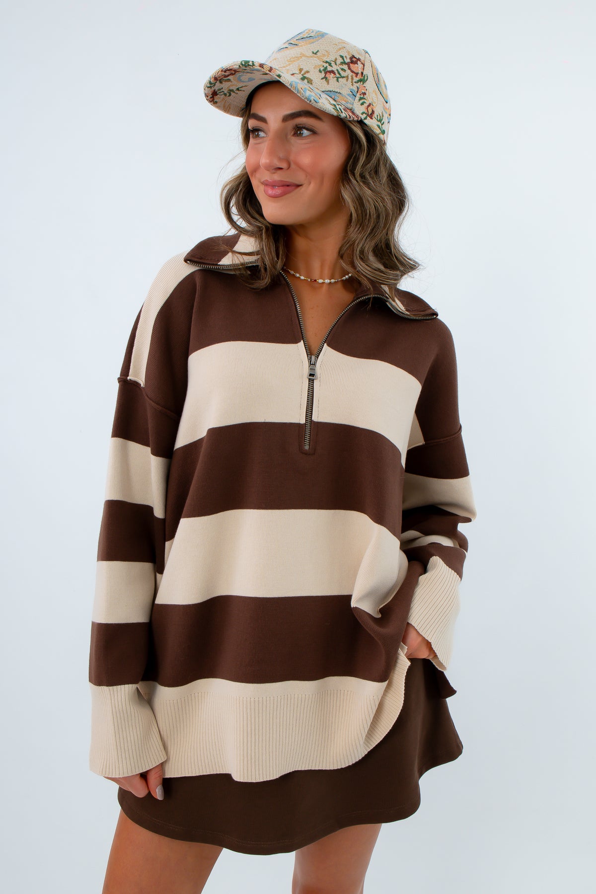 Cozy fall quarterzip perfect for thanksgiving outfit, brown and cream striped pullover