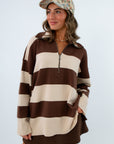 Cozy fall quarterzip perfect for thanksgiving outfit, brown and cream striped pullover
