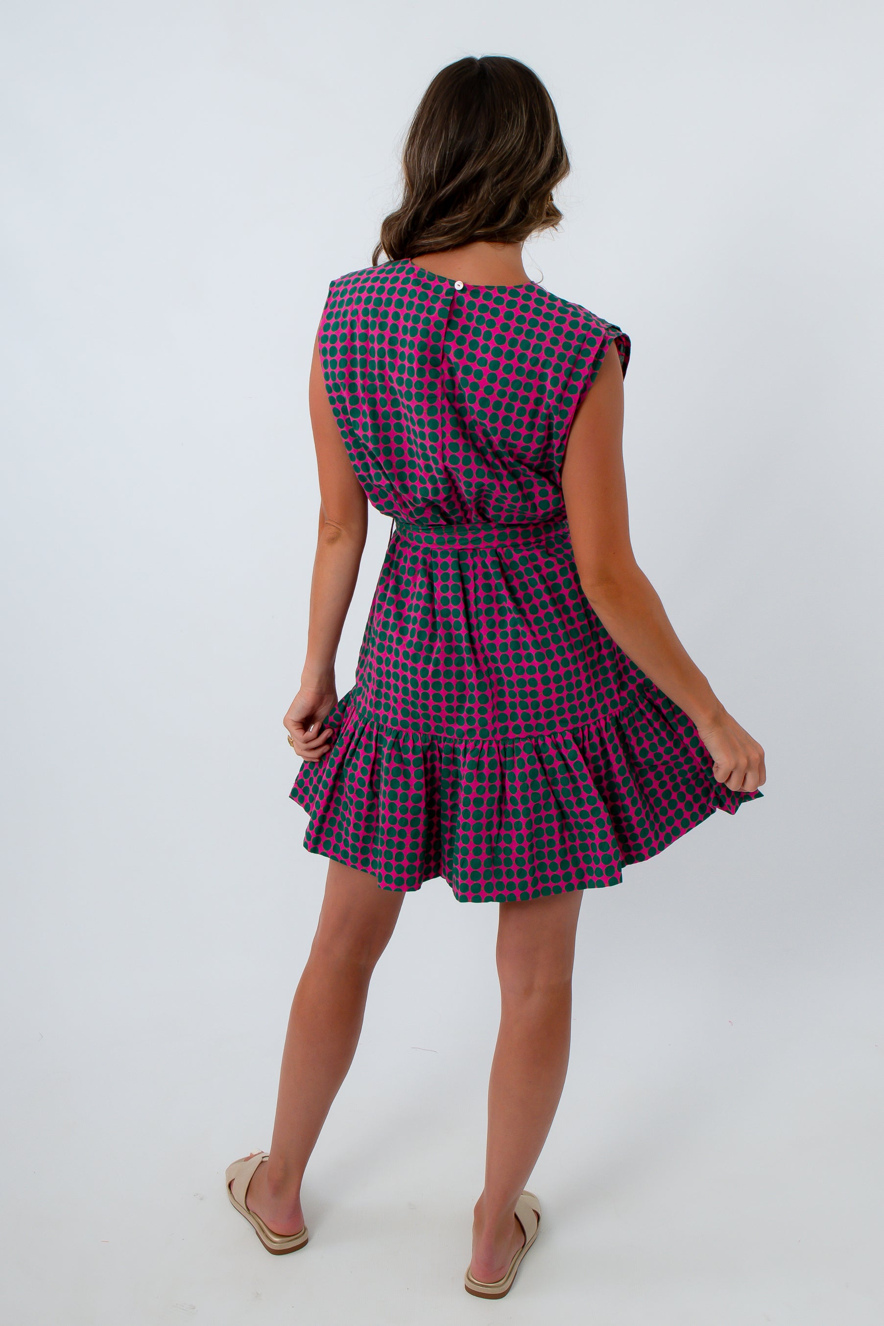 Magenta and green polka dot dress, polka dot dress, modest polka dot dress for work