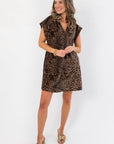 THML Brown Cheetah Print Suede Dress with v-neck and cap sleeves, styled for fall in a luxe shift silhouette with neutral heels.