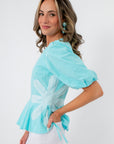 Aqua floral poplin top with puff sleeves
