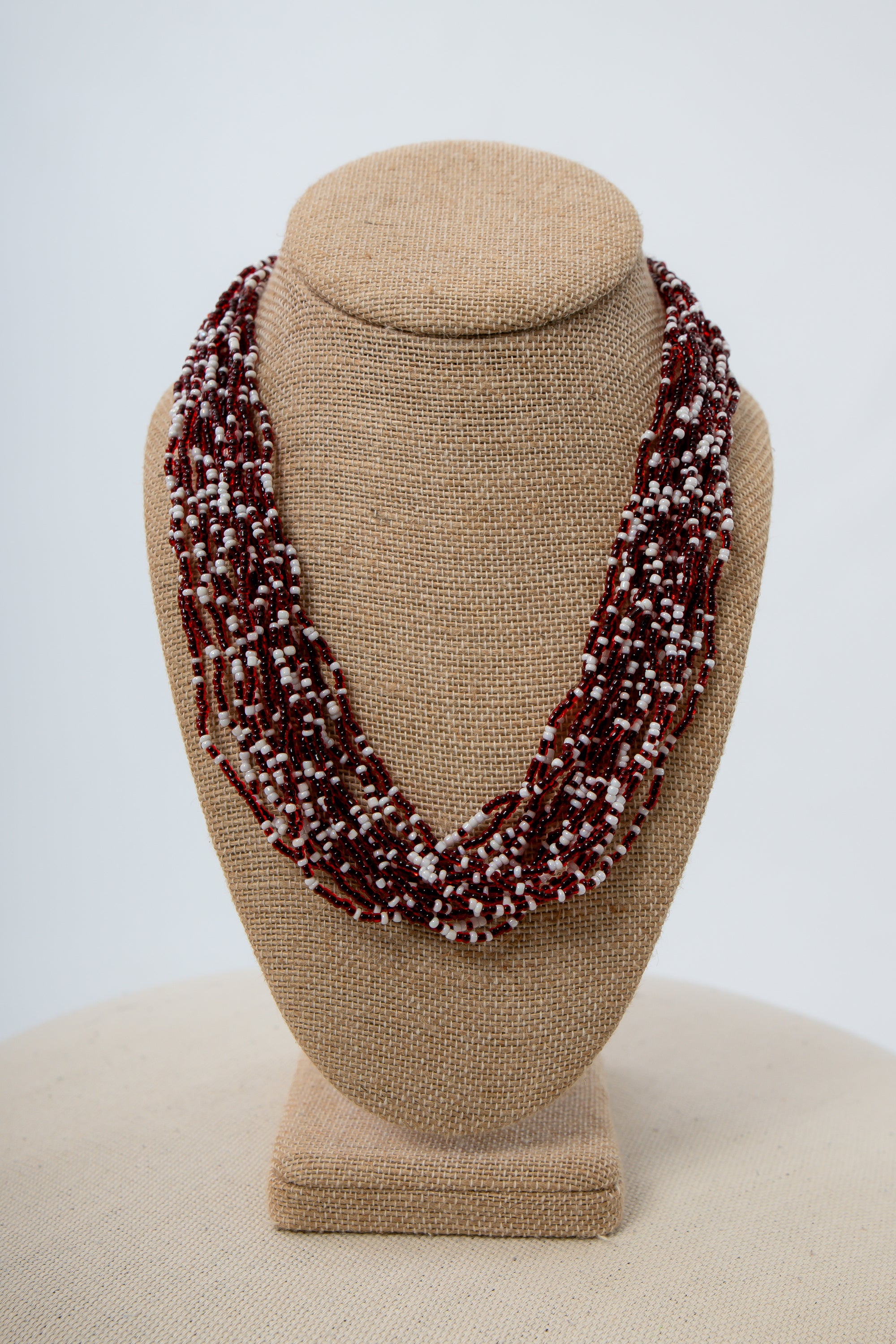 Garnet &amp; White Glass Seed Bead Necklace