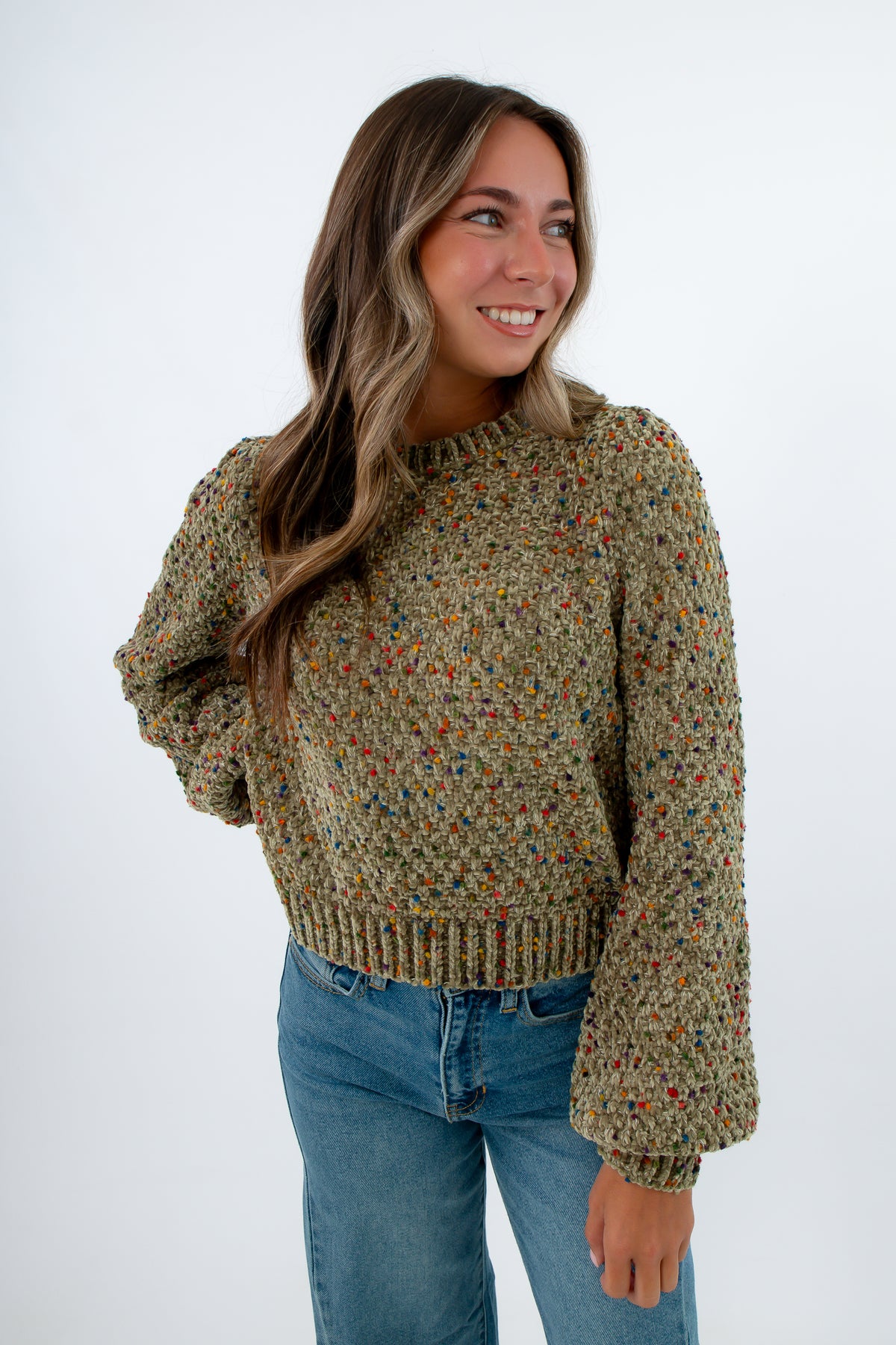 Long sleeve green chenille sweater for Thanksgiving outfit inspo, chenille sweater, green sweater for fall