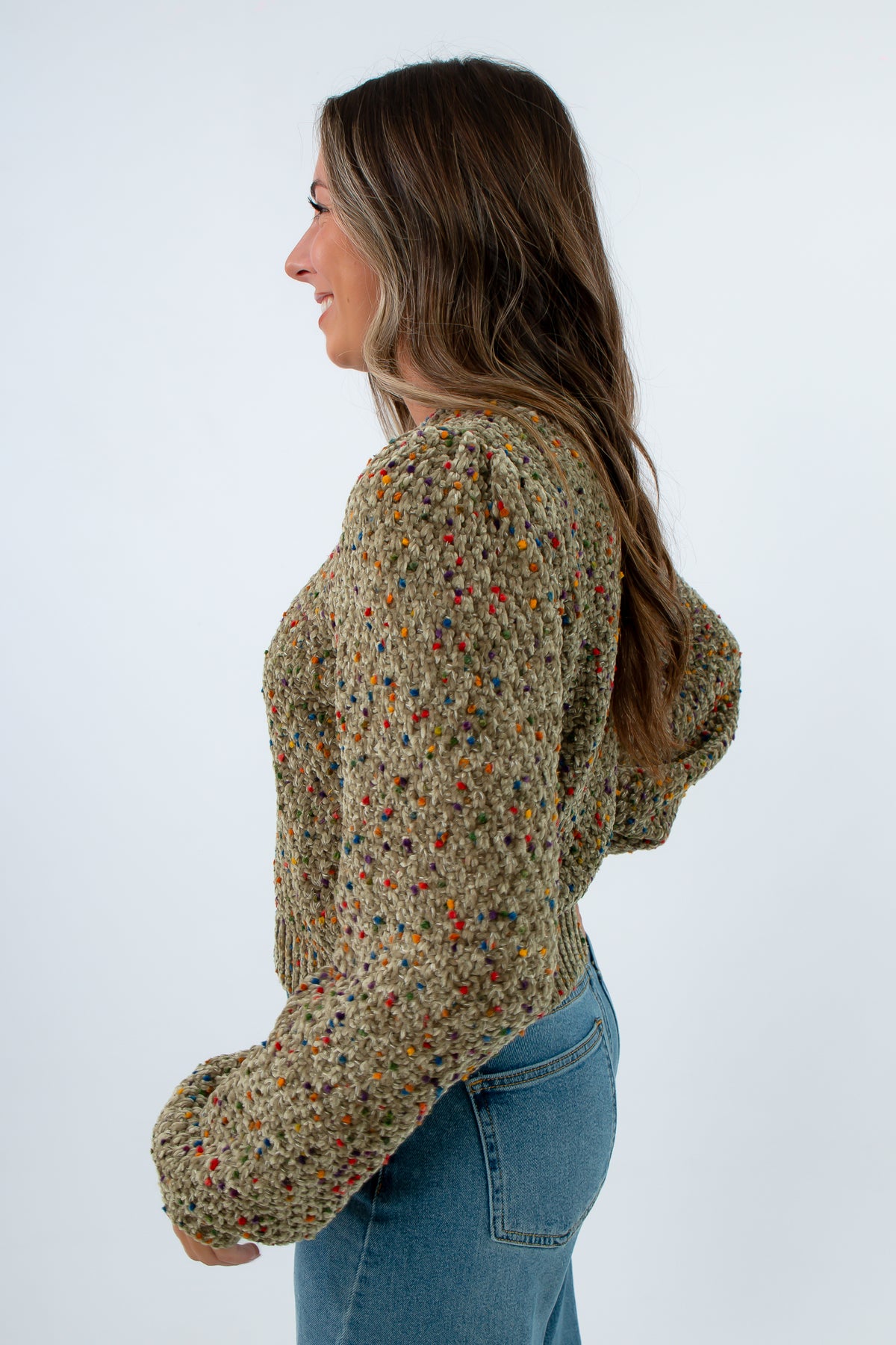 Cozy fall sweaters featuring colorful fleck design, fall lightweight sweater, green lightweight sweater