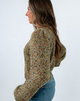 Cozy fall sweaters featuring colorful fleck design, fall lightweight sweater, green lightweight sweater