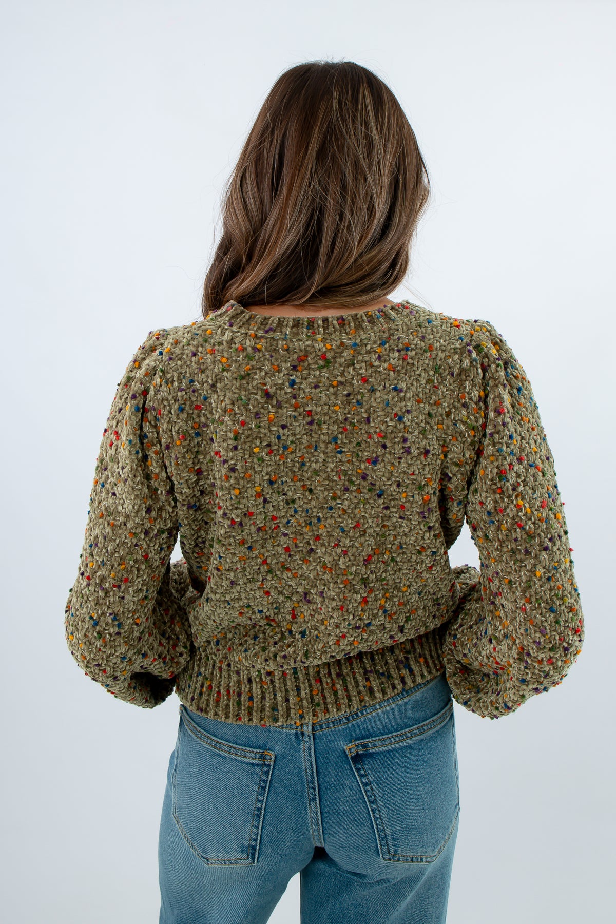 Stylish Thanksgiving sweater perfect for casual fall gatherings, sweater with colorful specks, sweater with colorful dots