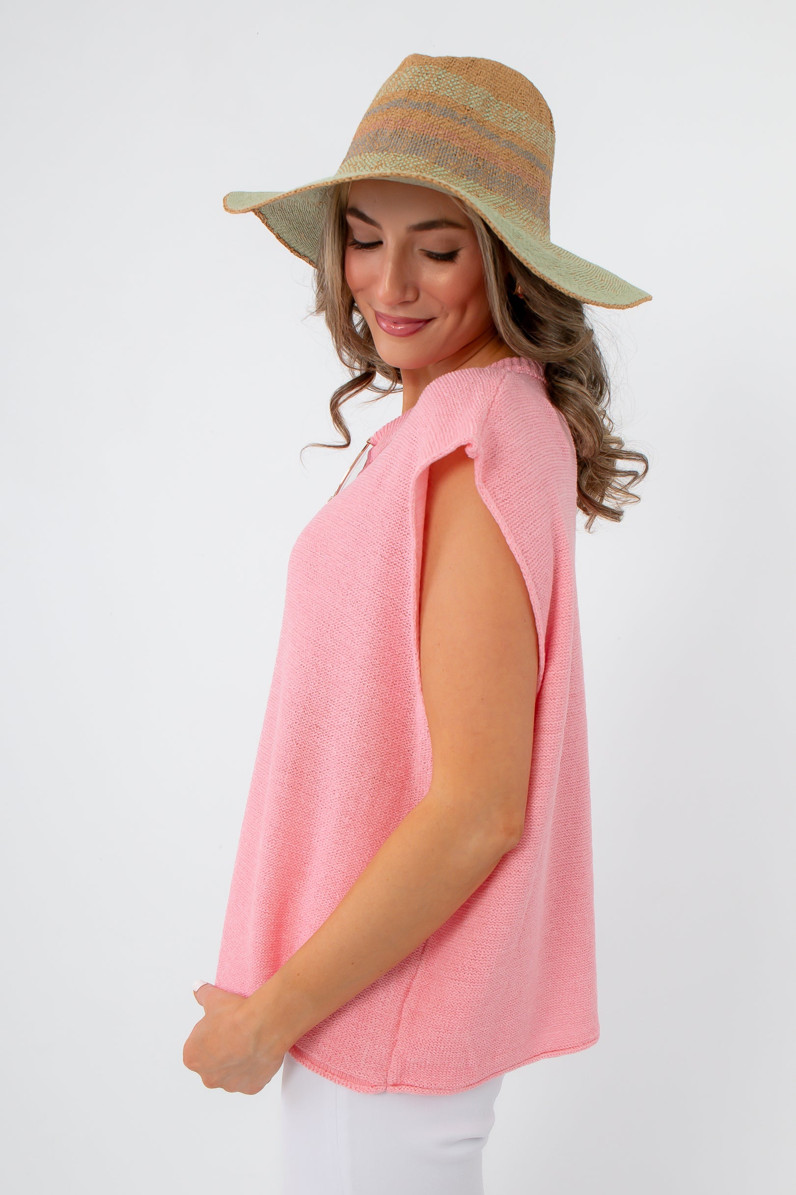 Side view of Frankie Pink Knit Sleeveless Sweater
