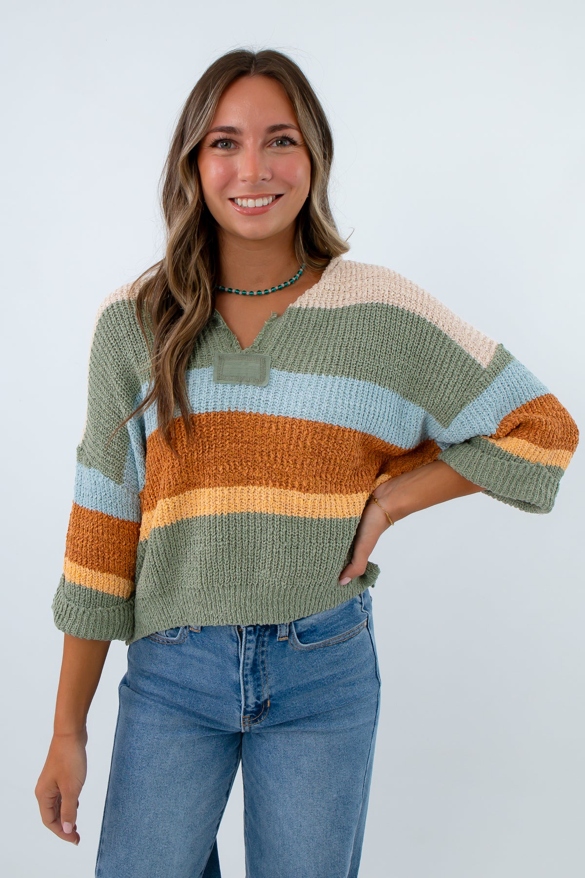 Lightweight fall striped sweater with 3/4 sleeves, striped fall sweater, striped short sleeve sweater