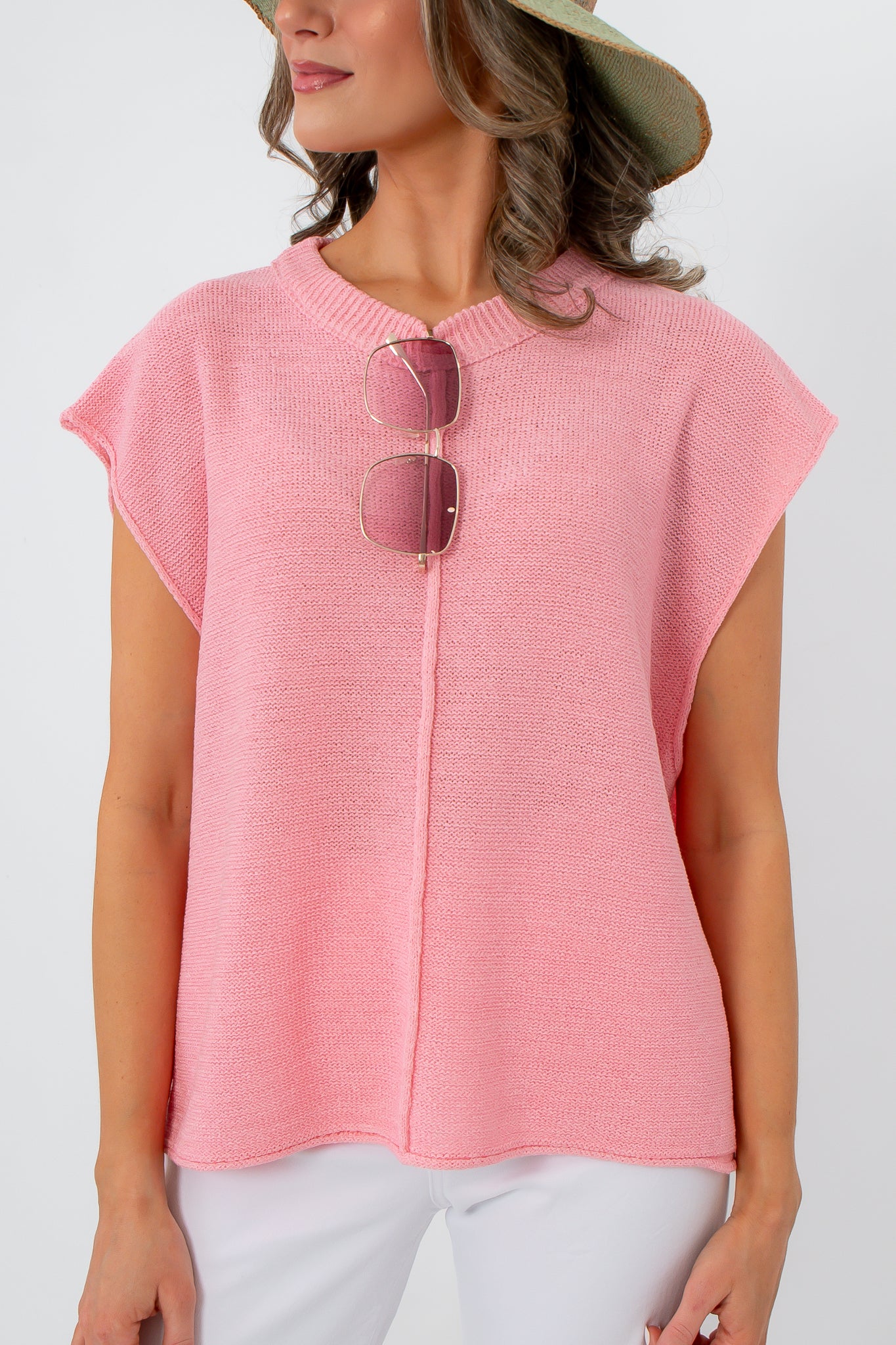 Close-up of Frankie Pink Knit Sleeveless Sweater