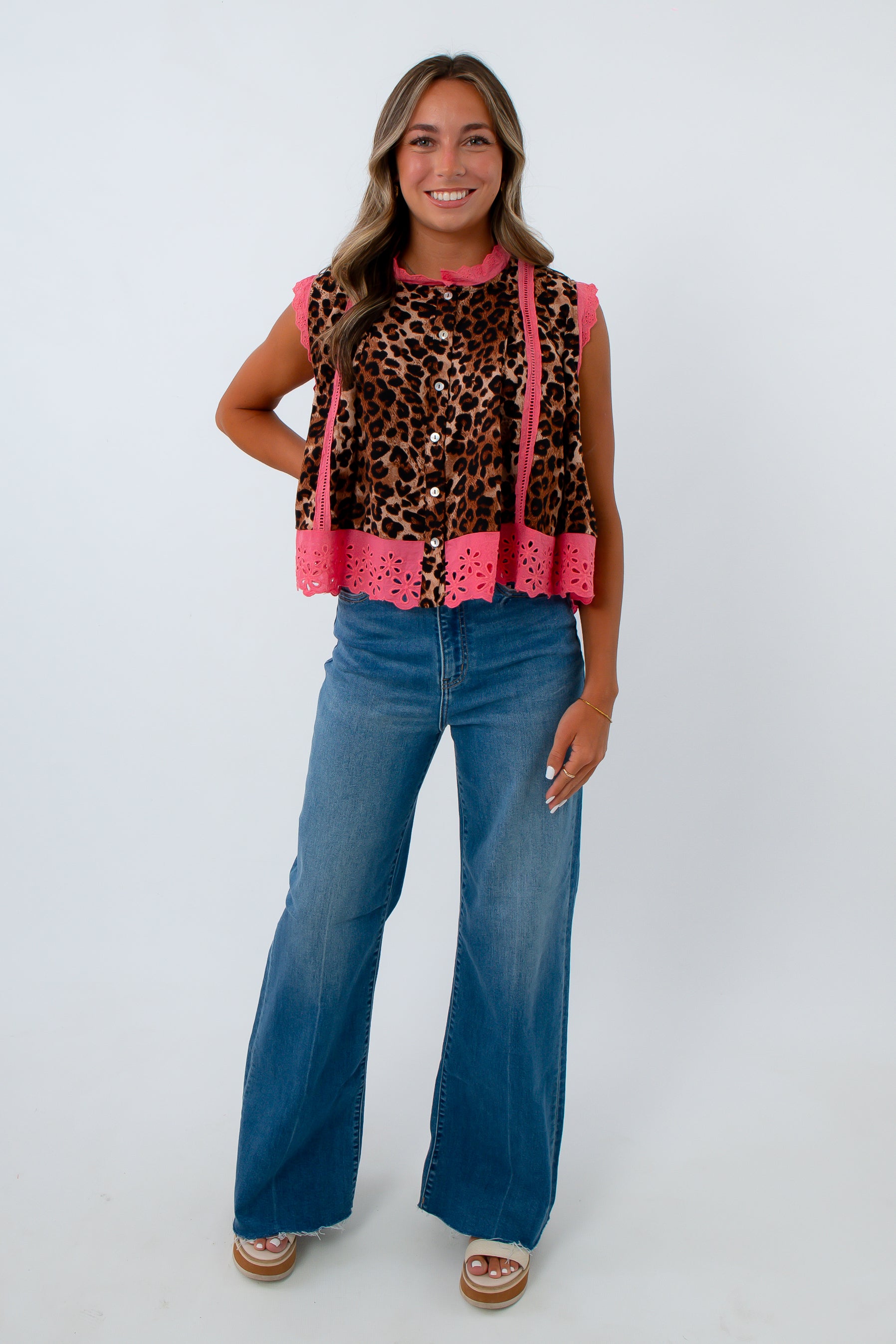 Leopard top with pink eyelet trim, Cheetah top with pink eyelet trim