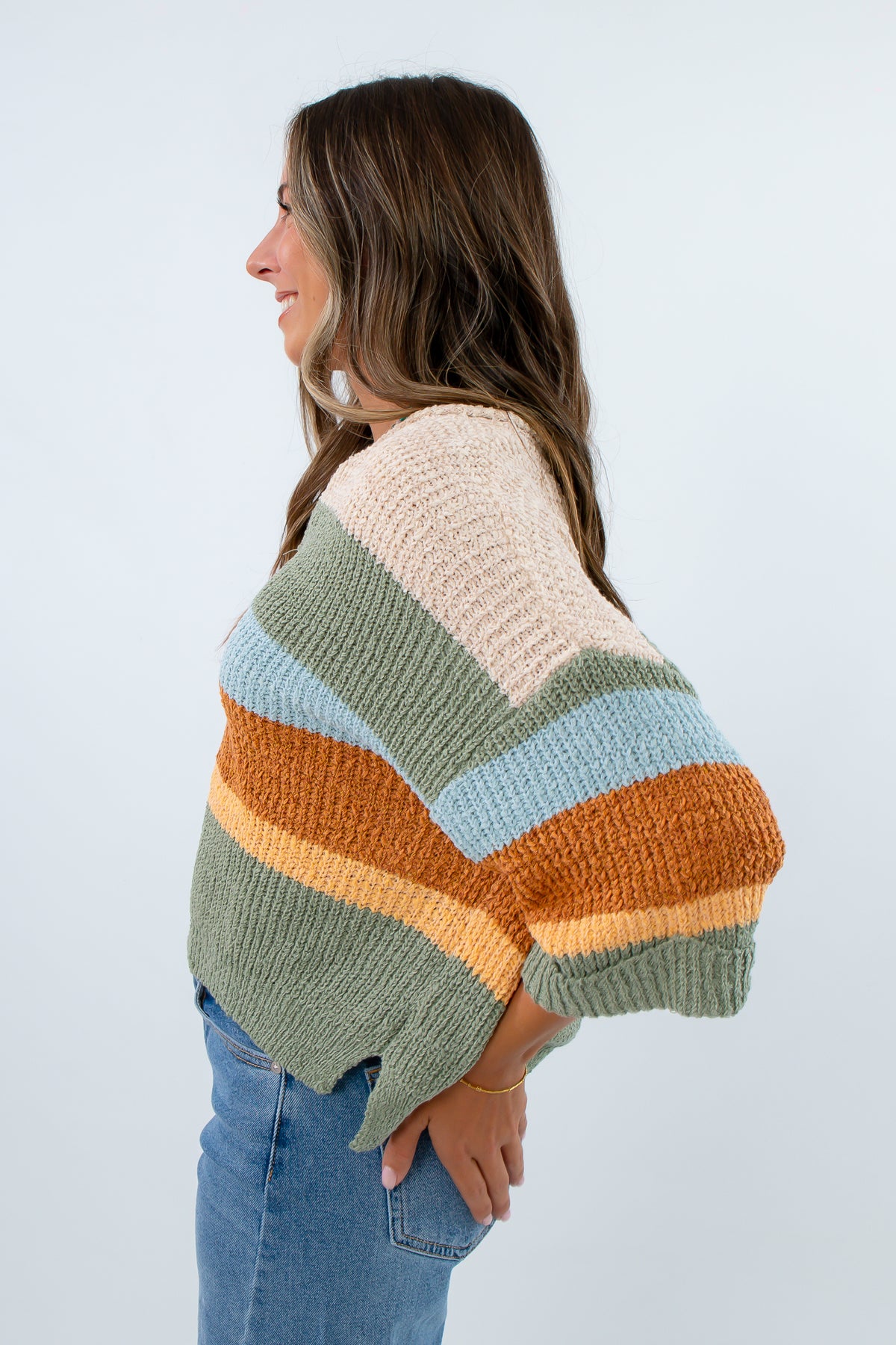Multi-colored autumn stripe knit sweater, Cozy fall sweater in cream, sage, blue, rust, and yellow