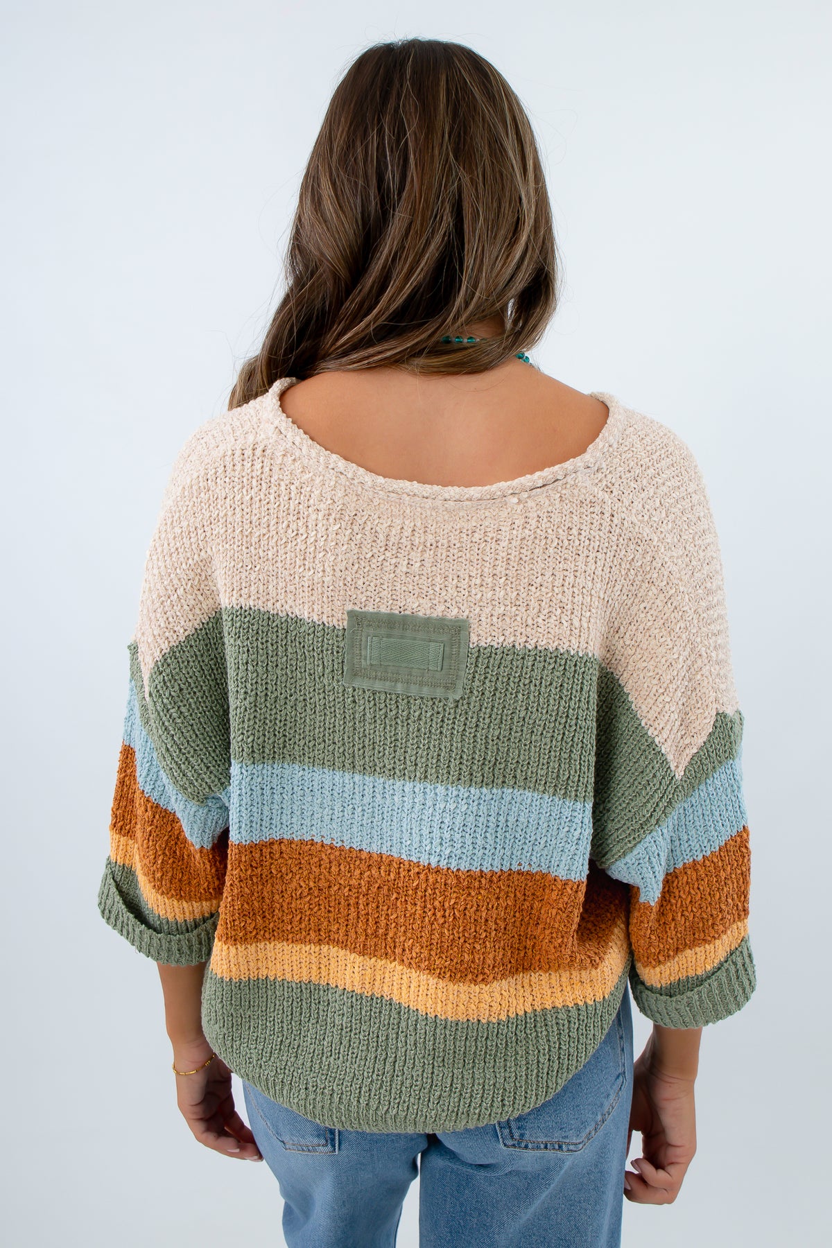 Striped 3/4 sleeve sweater, Relaxed fit fall sweater, Autumn colored knit sweater
